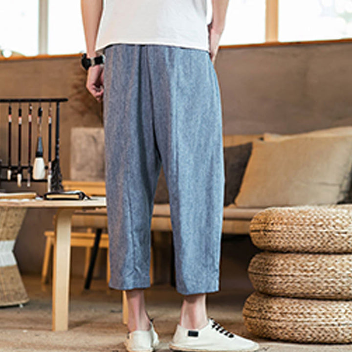 Pantaloni da uomo in cotone e lino con elastico in vita, casual, tinta unita, con coulisse e tasche, modello Buddha Stones