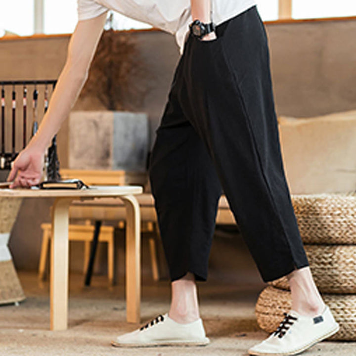 Pantaloni da uomo in cotone e lino con elastico in vita, casual, tinta unita, con coulisse e tasche, modello Buddha Stones