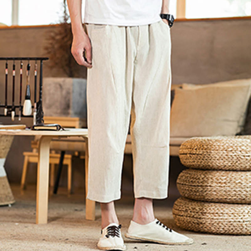 Pantaloni da uomo in cotone e lino con elastico in vita, casual, tinta unita, con coulisse e tasche, modello Buddha Stones