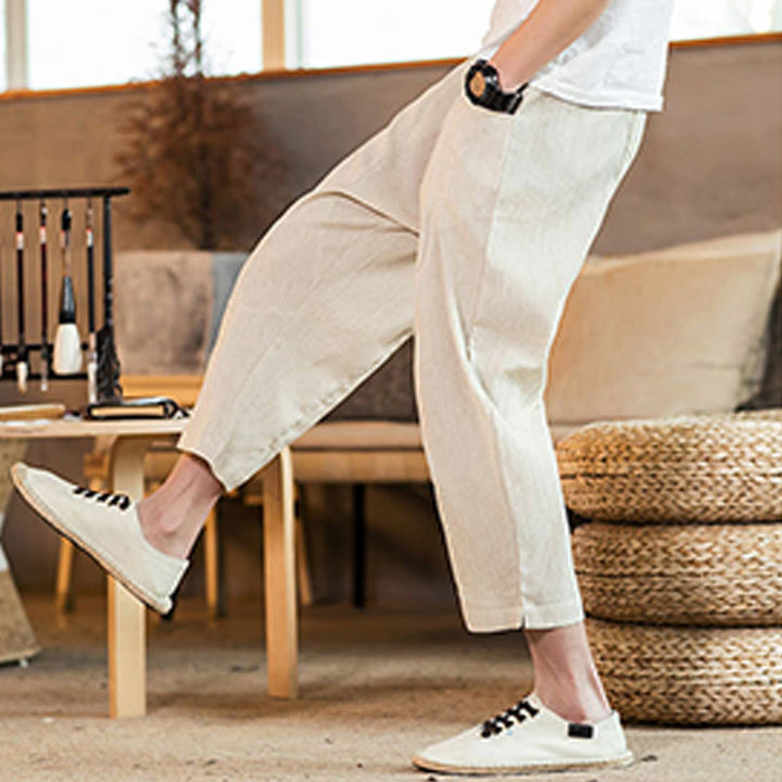 Pantaloni da uomo in cotone e lino con elastico in vita, casual, tinta unita, con coulisse e tasche, modello Buddha Stones