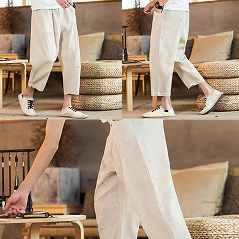 Pantaloni da uomo in cotone e lino con elastico in vita, casual, tinta unita, con coulisse e tasche, modello Buddha Stones - image 47