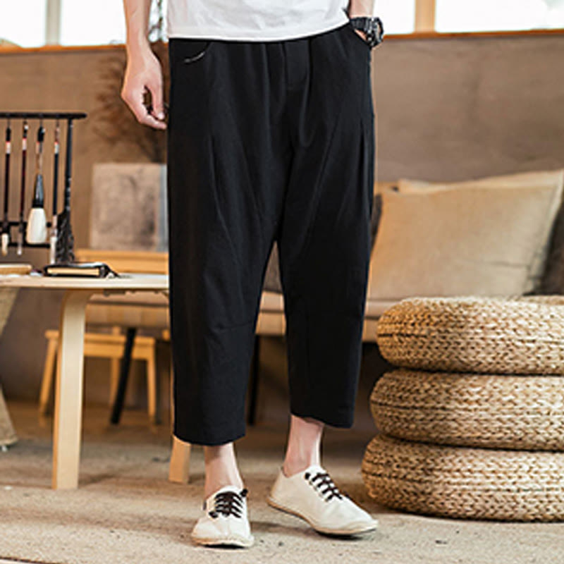 Pantaloni da uomo in cotone e lino con elastico in vita, casual, tinta unita, con coulisse e tasche, modello Buddha Stones