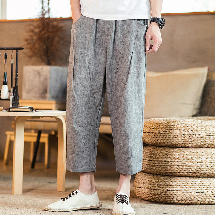 Pantaloni da uomo in cotone e lino con elastico in vita, casual, tinta unita, con coulisse e tasche, modello Buddha Stones