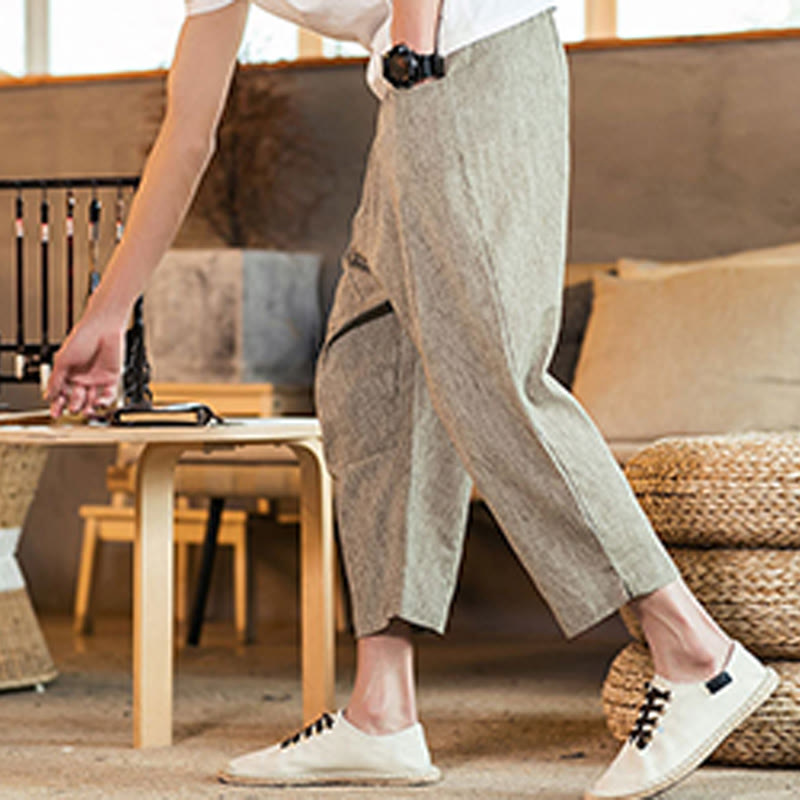 Pantaloni da uomo in cotone e lino con elastico in vita, casual, tinta unita, con coulisse e tasche, modello Buddha Stones