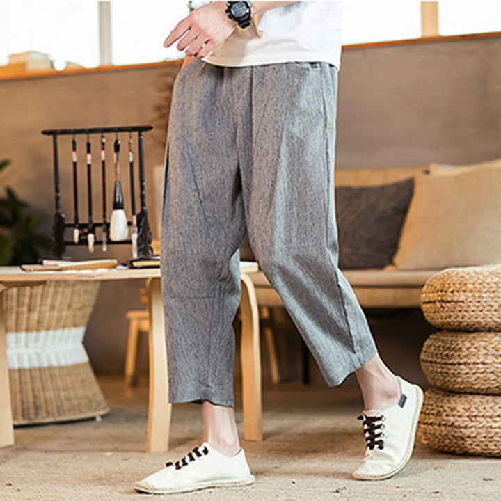 Pantaloni da uomo in cotone e lino con elastico in vita, casual, tinta unita, con coulisse e tasche, modello Buddha Stones