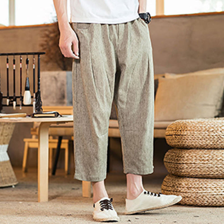 Pantaloni da uomo in cotone e lino con elastico in vita, casual, tinta unita, con coulisse e tasche, modello Buddha Stones