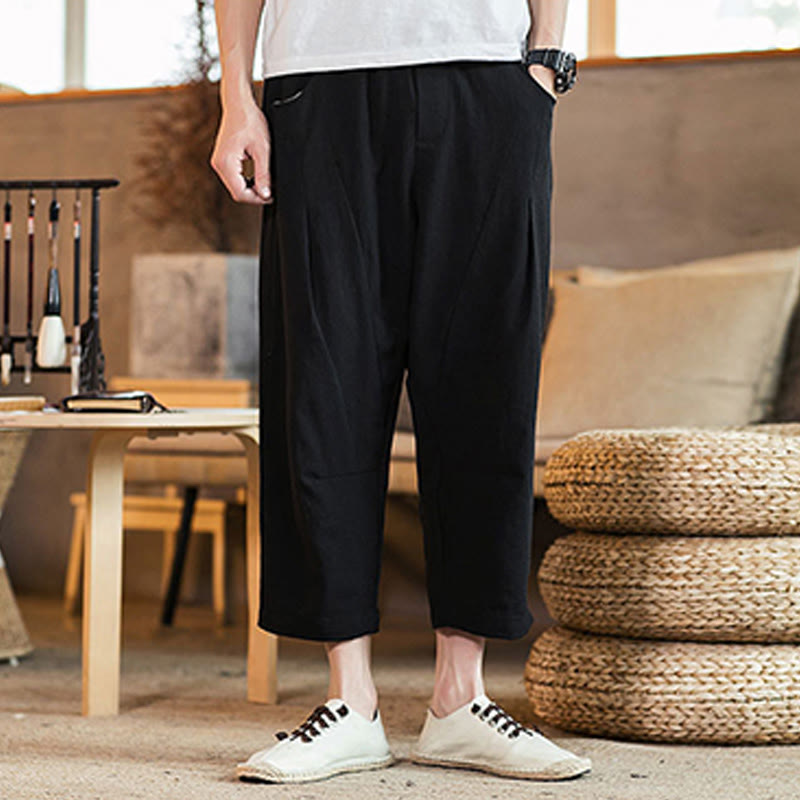 Pantaloni da uomo in cotone e lino con elastico in vita, casual, tinta unita, con coulisse e tasche, modello Buddha Stones