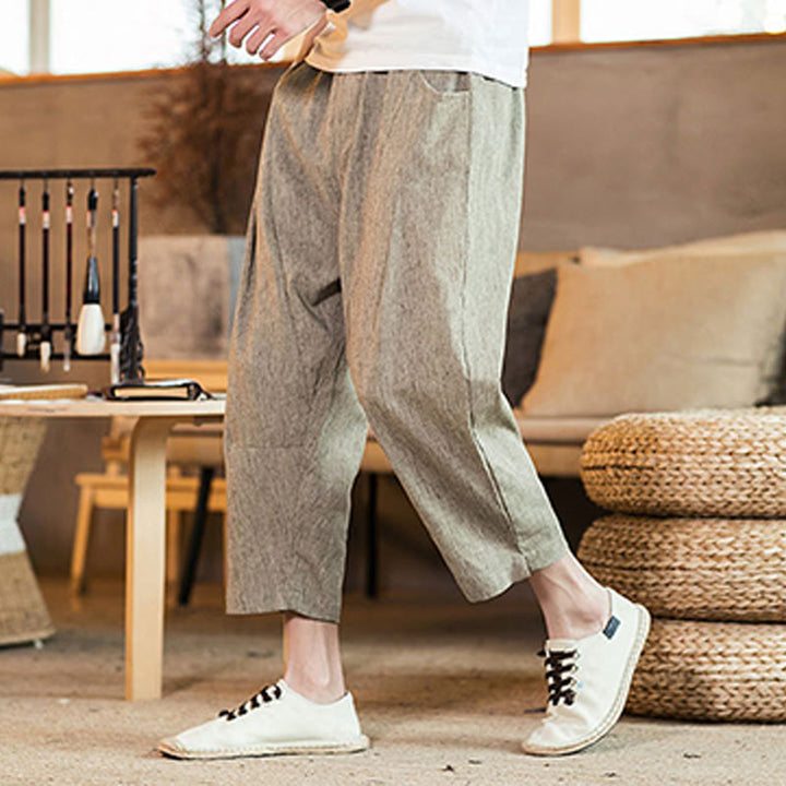 Pantaloni da uomo in cotone e lino con elastico in vita, casual, tinta unita, con coulisse e tasche, modello Buddha Stones