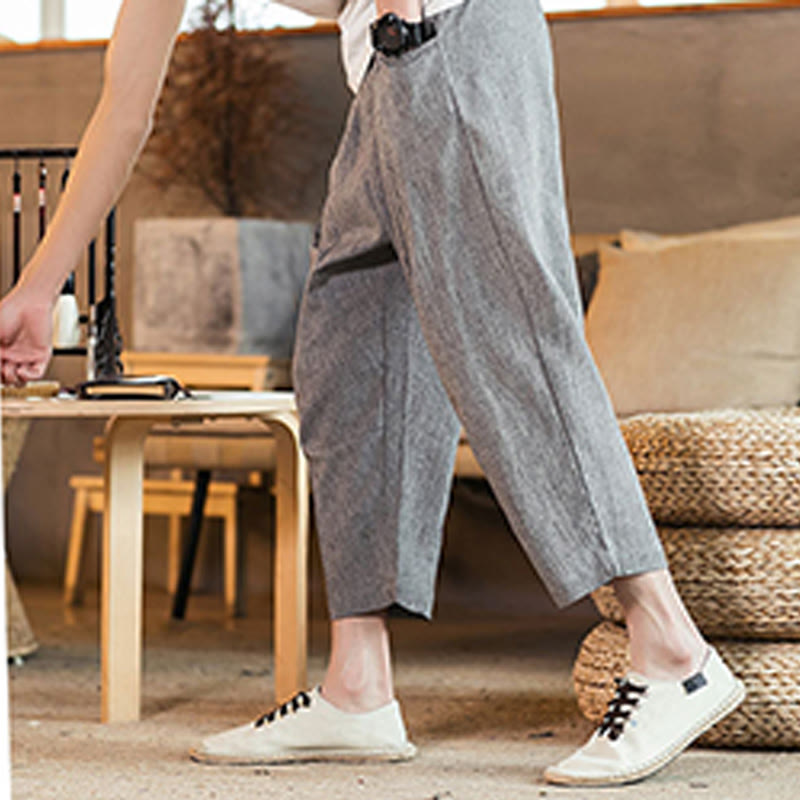 Pantaloni da uomo in cotone e lino con elastico in vita, casual, tinta unita, con coulisse e tasche, modello Buddha Stones
