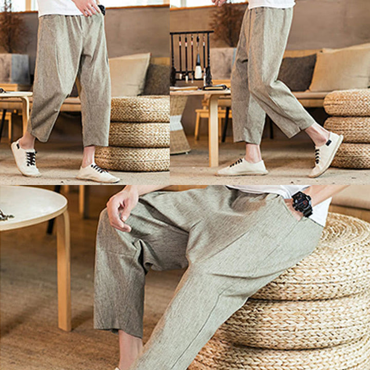 Pantaloni da uomo in cotone e lino con elastico in vita, casual, tinta unita, con coulisse e tasche, modello Buddha Stones