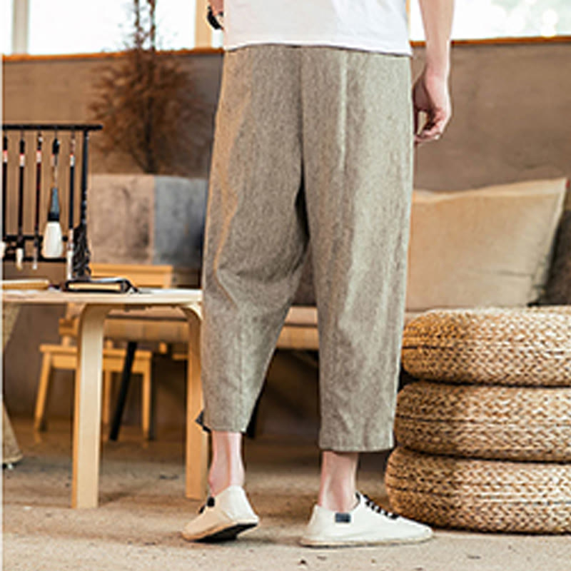 Pantaloni da uomo in cotone e lino con elastico in vita, casual, tinta unita, con coulisse e tasche, modello Buddha Stones