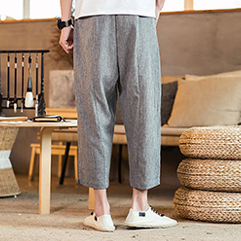 Pantaloni da uomo in cotone e lino con elastico in vita, casual, tinta unita, con coulisse e tasche, modello Buddha Stones