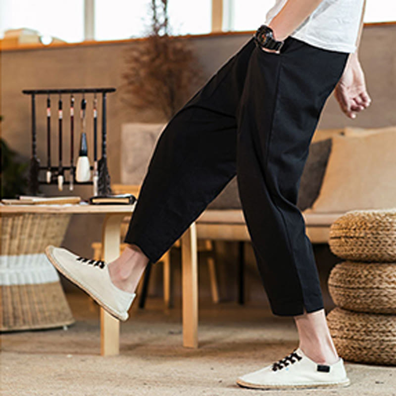 Pantaloni da uomo in cotone e lino con elastico in vita, casual, tinta unita, con coulisse e tasche, modello Buddha Stones