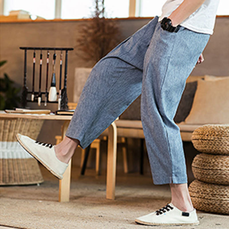 Pantaloni da uomo in cotone e lino con elastico in vita, casual, tinta unita, con coulisse e tasche, modello Buddha Stones