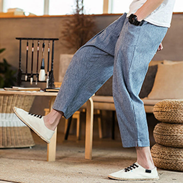 Pantaloni da uomo in cotone e lino con elastico in vita, casual, tinta unita, con coulisse e tasche, modello Buddha Stones