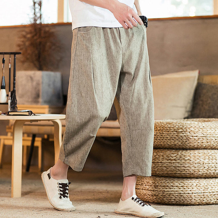 Pantaloni da uomo in cotone e lino con elastico in vita, casual, tinta unita, con coulisse e tasche, modello Buddha Stones