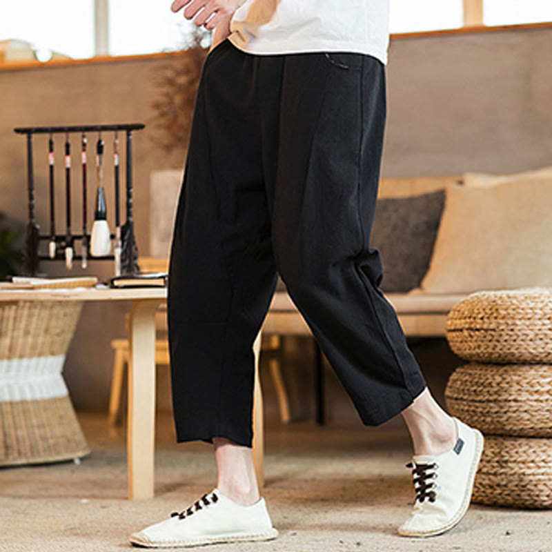 Pantaloni da uomo in cotone e lino con elastico in vita, casual, tinta unita, con coulisse e tasche, modello Buddha Stones
