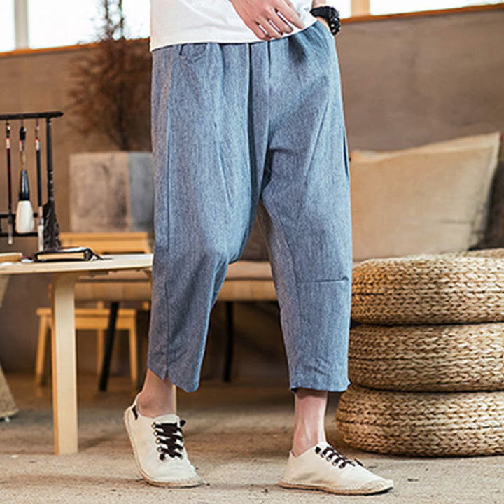 Pantaloni da uomo in cotone e lino con elastico in vita, casual, tinta unita, con coulisse e tasche, modello Buddha Stones