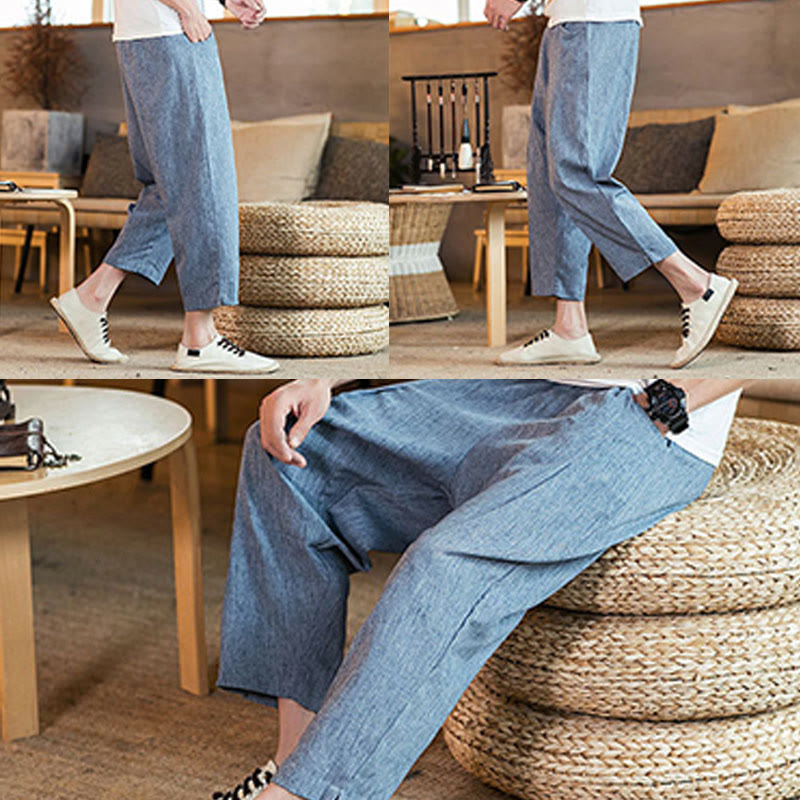 Pantaloni da uomo in cotone e lino con elastico in vita, casual, tinta unita, con coulisse e tasche, modello Buddha Stones