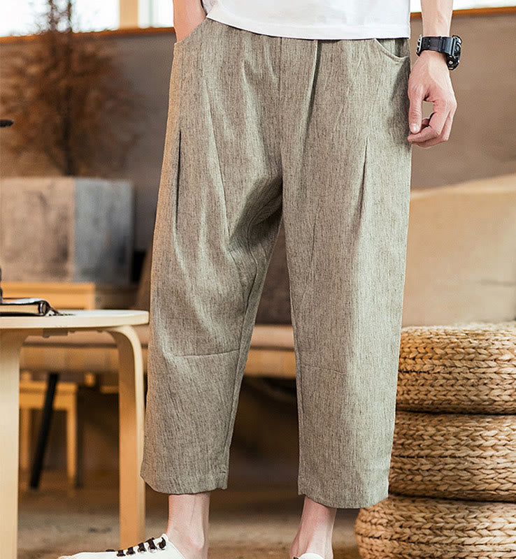 Pantaloni da uomo in cotone e lino con elastico in vita, casual, tinta unita, con coulisse e tasche, modello Buddha Stones
