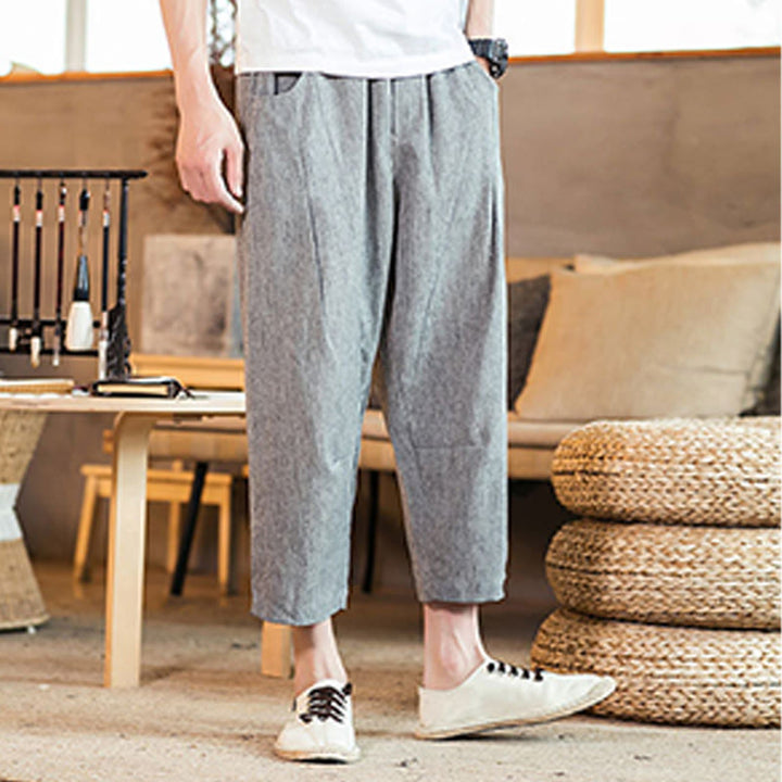 Pantaloni da uomo in cotone e lino con elastico in vita, casual, tinta unita, con coulisse e tasche, modello Buddha Stones