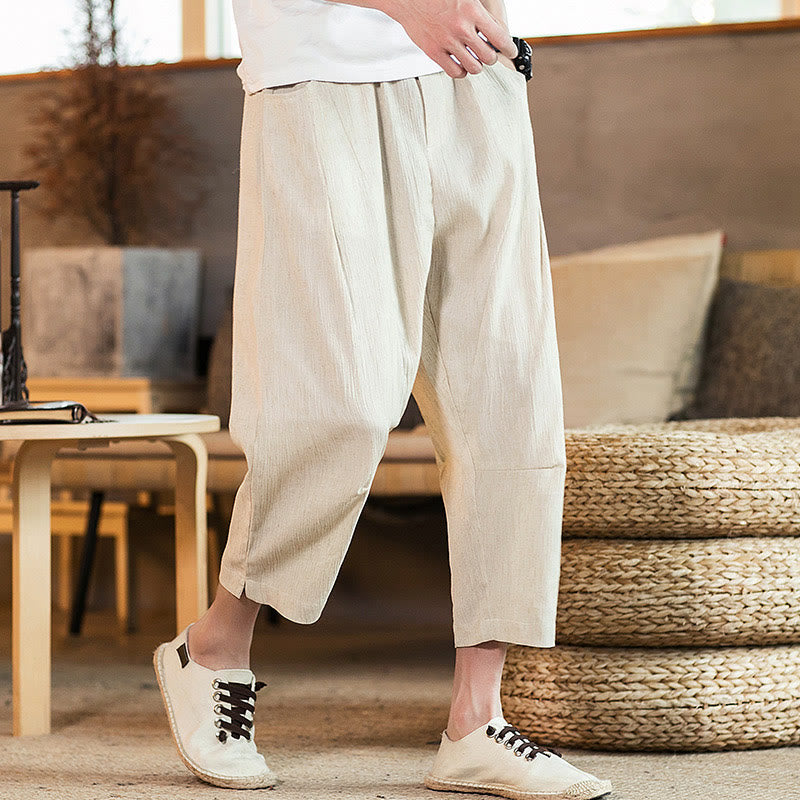 Pantaloni da uomo in cotone e lino con elastico in vita, casual, tinta unita, con coulisse e tasche, modello Buddha Stones