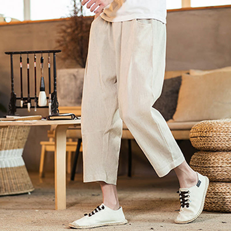 Pantaloni da uomo in cotone e lino con elastico in vita, casual, tinta unita, con coulisse e tasche, modello Buddha Stones
