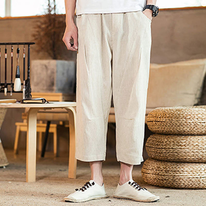 Pantaloni da uomo in cotone e lino con elastico in vita, casual, tinta unita, con coulisse e tasche, modello Buddha Stones
