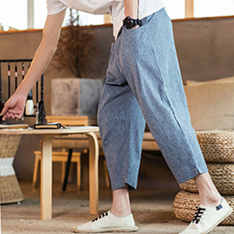Pantaloni da uomo in cotone e lino con elastico in vita, casual, tinta unita, con coulisse e tasche, modello Buddha Stones