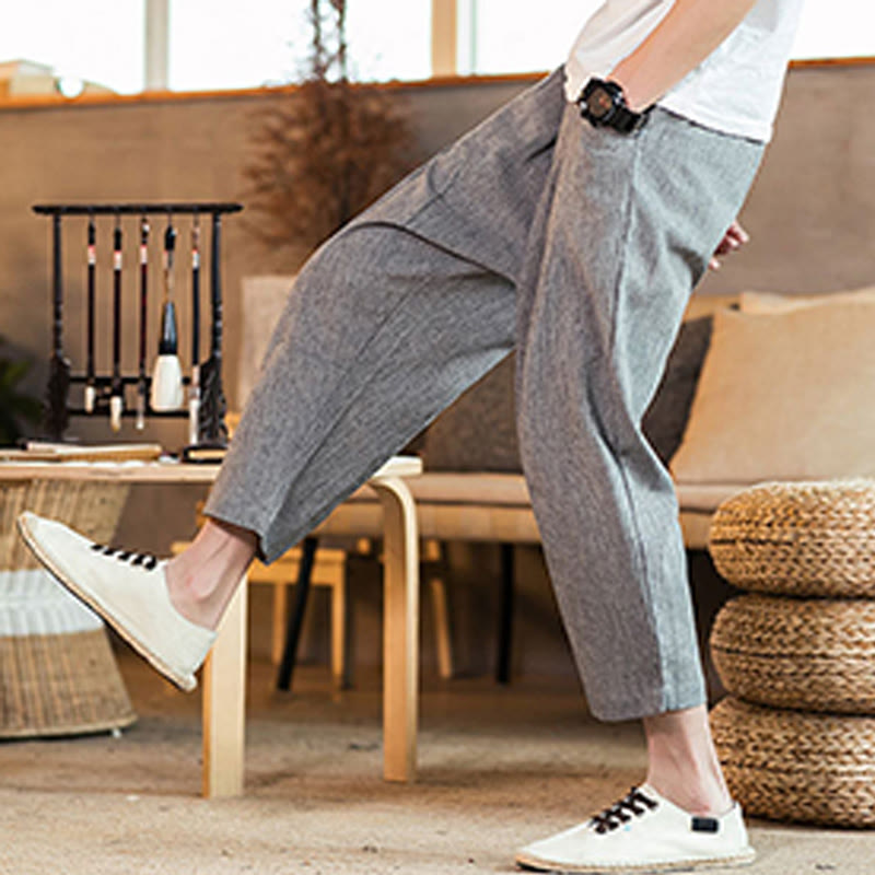 Pantaloni da uomo in cotone e lino con elastico in vita, casual, tinta unita, con coulisse e tasche, modello Buddha Stones