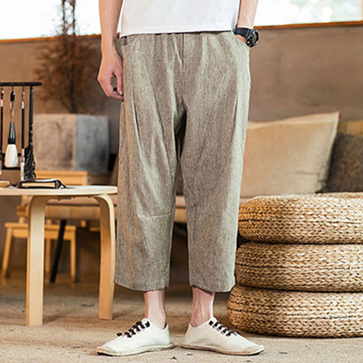 Pantaloni da uomo in cotone e lino con elastico in vita, casual, tinta unita, con coulisse e tasche, modello Buddha Stones