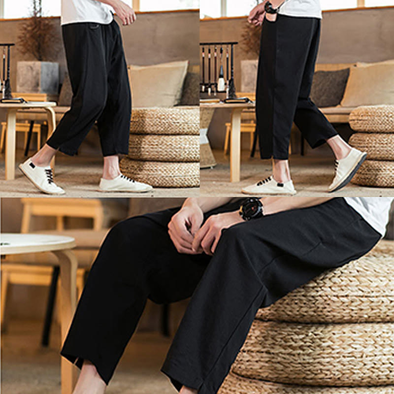 Pantaloni da uomo in cotone e lino con elastico in vita, casual, tinta unita, con coulisse e tasche, modello Buddha Stones