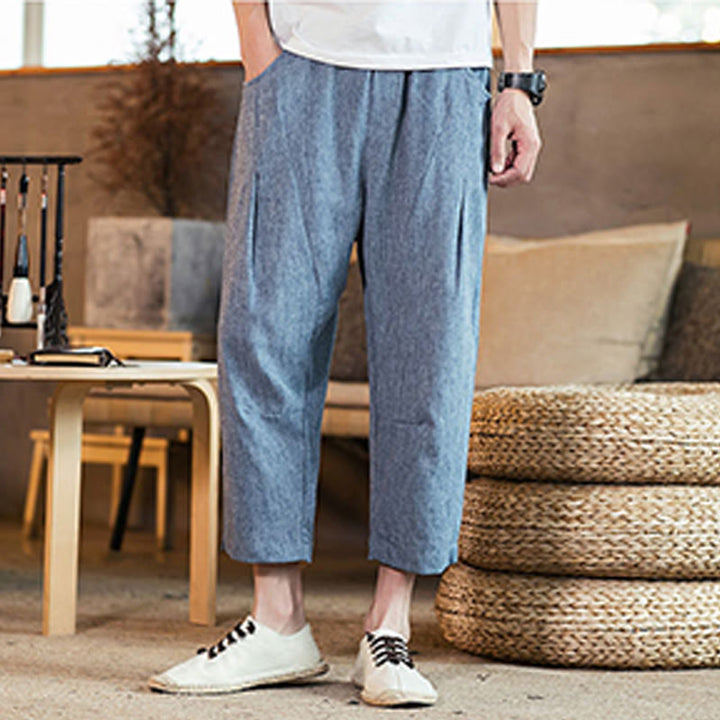 Pantaloni da uomo in cotone e lino con elastico in vita, casual, tinta unita, con coulisse e tasche, modello Buddha Stones