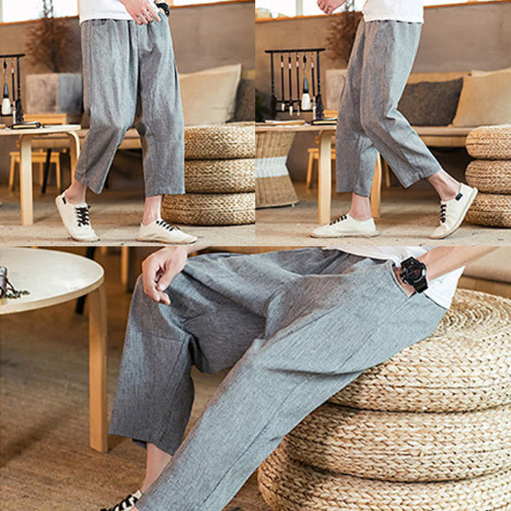 Pantaloni da uomo in cotone e lino con elastico in vita, casual, tinta unita, con coulisse e tasche, modello Buddha Stones