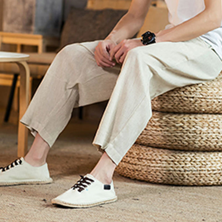 Pantaloni da uomo in cotone e lino con elastico in vita, casual, tinta unita, con coulisse e tasche, modello Buddha Stones