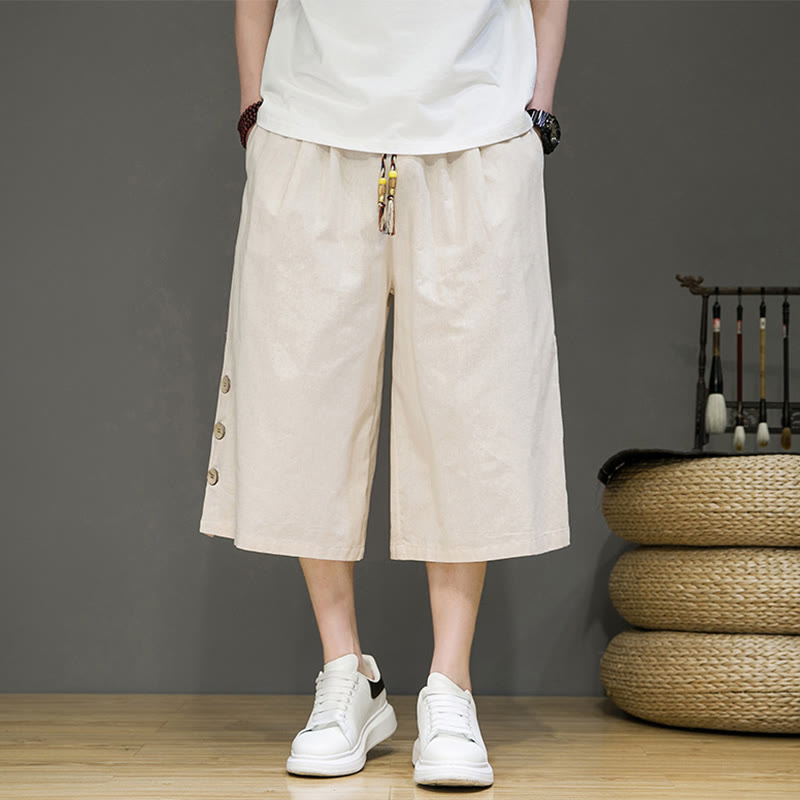 Pantaloni da uomo in cotone con coulisse, modello Buddha Stones, casual, tinta unita, bottoni laterali e tasche - Beige - US/UK/AU46, EU56 (5XL) - image 0