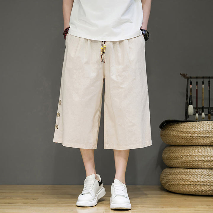 Pantaloni da uomo in cotone con coulisse, modello Buddha Stones, casual, tinta unita, bottoni laterali e tasche - Beige - US/UK/AU46, EU56 (5XL) - image 0