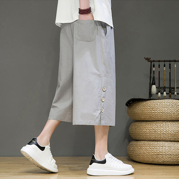 Pantaloni da uomo in cotone con coulisse, modello Buddha Stones, casual, tinta unita, bottoni laterali e tasche