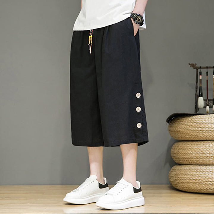 Pantaloni da uomo in cotone con coulisse, modello Buddha Stones, casual, tinta unita, bottoni laterali e tasche
