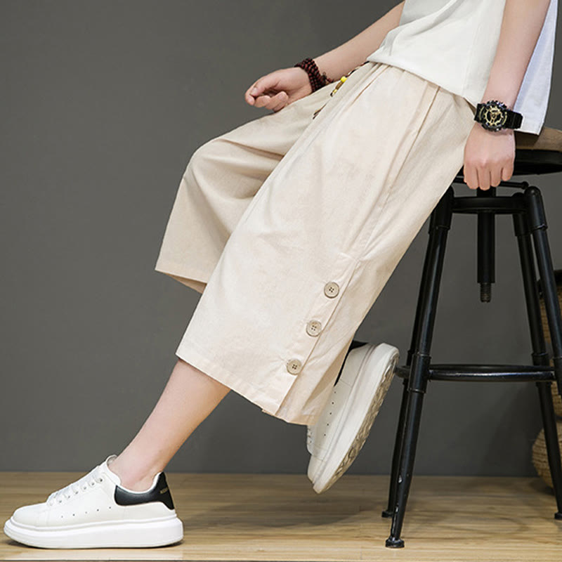 Pantaloni da uomo in cotone con coulisse, modello Buddha Stones, casual, tinta unita, bottoni laterali e tasche