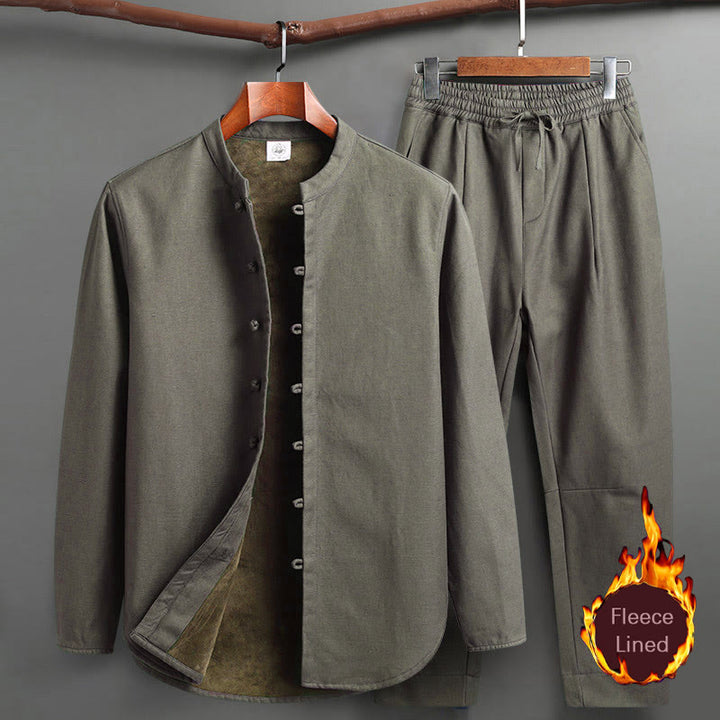 Buddha Stones Solid Tang Suit Tradizionale Uniforme Foderata in Pile Manica Lunga Top Pantaloni Set Uomo - Verde Mare Scuro - Top e pantaloni - US/UK/AU46, EU56 (5XL) - image 13
