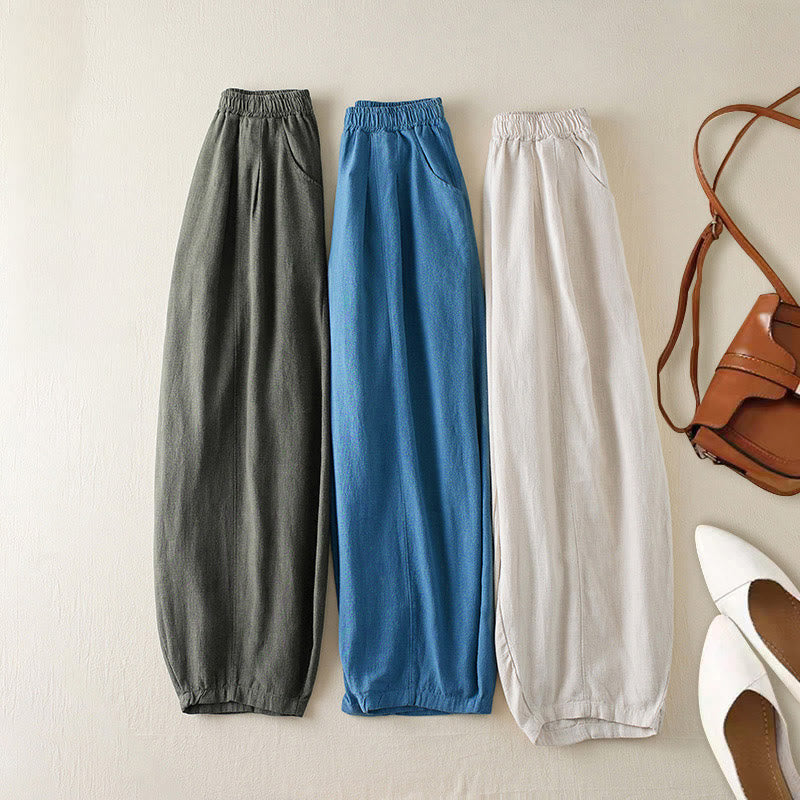 Pantaloni da donna in cotone e lino tinta unita Buddha Stones con tasche - image 1