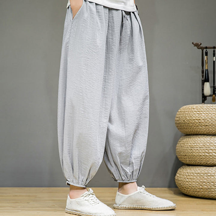Pantaloni harem da uomo in cotone con coulisse, lunghezza caviglia , Buddha Stones Summer Plain, con tasche
