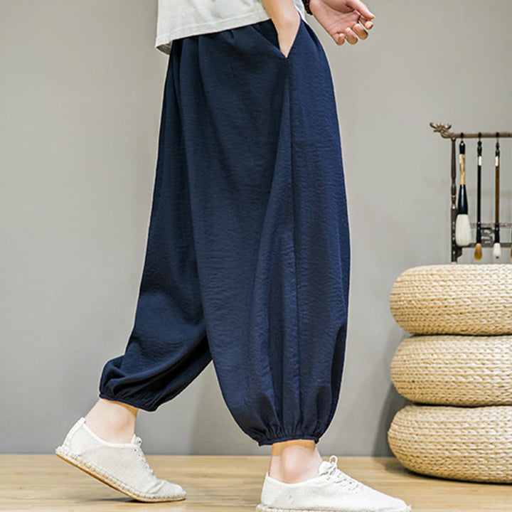 Pantaloni harem da uomo in cotone con coulisse, lunghezza caviglia , Buddha Stones Summer Plain, con tasche
