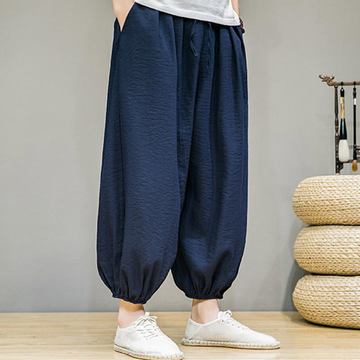 Pantaloni harem da uomo in cotone con coulisse, lunghezza caviglia , Buddha Stones Summer Plain, con tasche