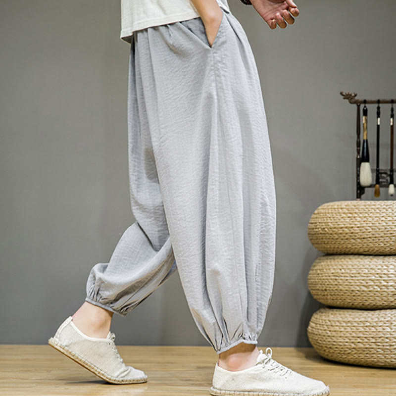 Pantaloni harem da uomo in cotone con coulisse, lunghezza caviglia , Buddha Stones Summer Plain, con tasche