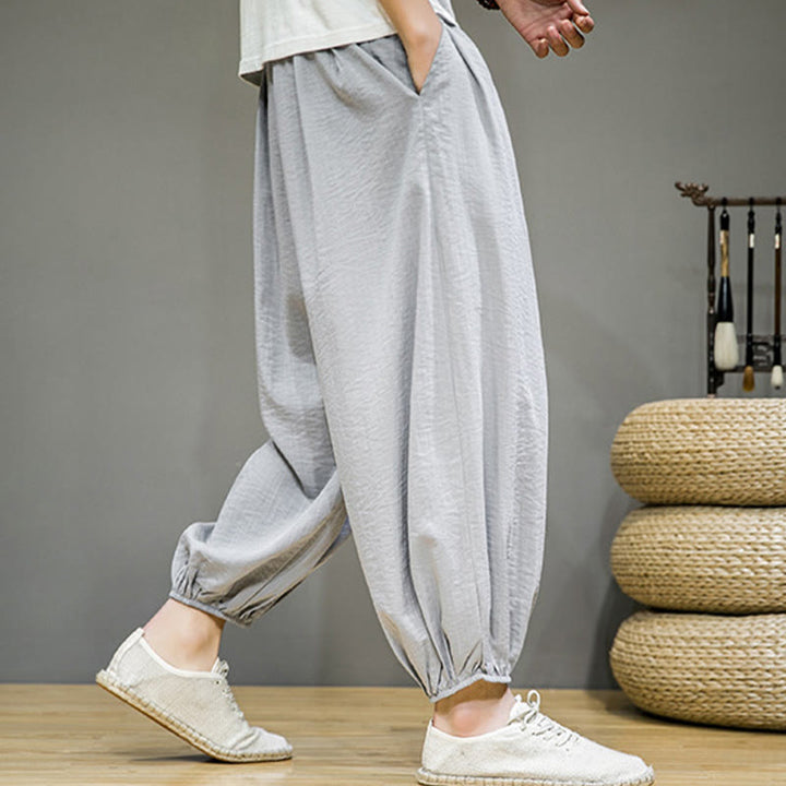 Pantaloni harem da uomo in cotone con coulisse, lunghezza caviglia , Buddha Stones Summer Plain, con tasche