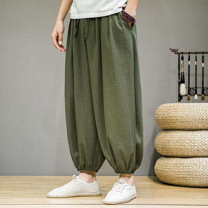 Pantaloni harem da uomo in cotone con coulisse, lunghezza caviglia , Buddha Stones Summer Plain, con tasche