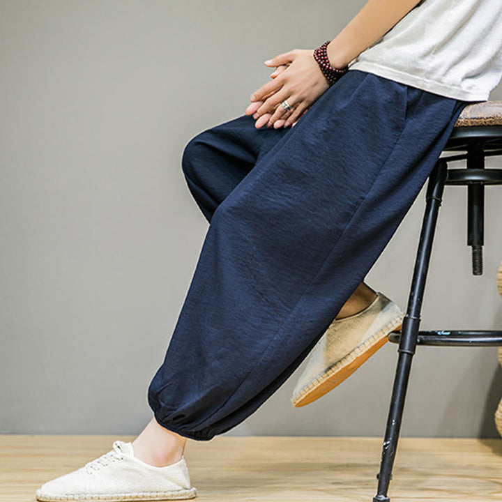 Pantaloni harem da uomo in cotone con coulisse, lunghezza caviglia , Buddha Stones Summer Plain, con tasche