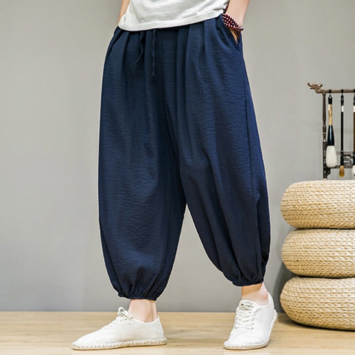 Pantaloni harem da uomo in cotone con coulisse, lunghezza caviglia , Buddha Stones Summer Plain, con tasche - Marina - US/UK/AU46, EU56 (5XL) - image 0